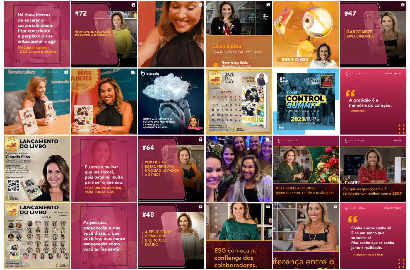 Mosaico de conteúdos e campanhas de redes sociais de Claudia Elisa, incluindo a série Mulheres ESG