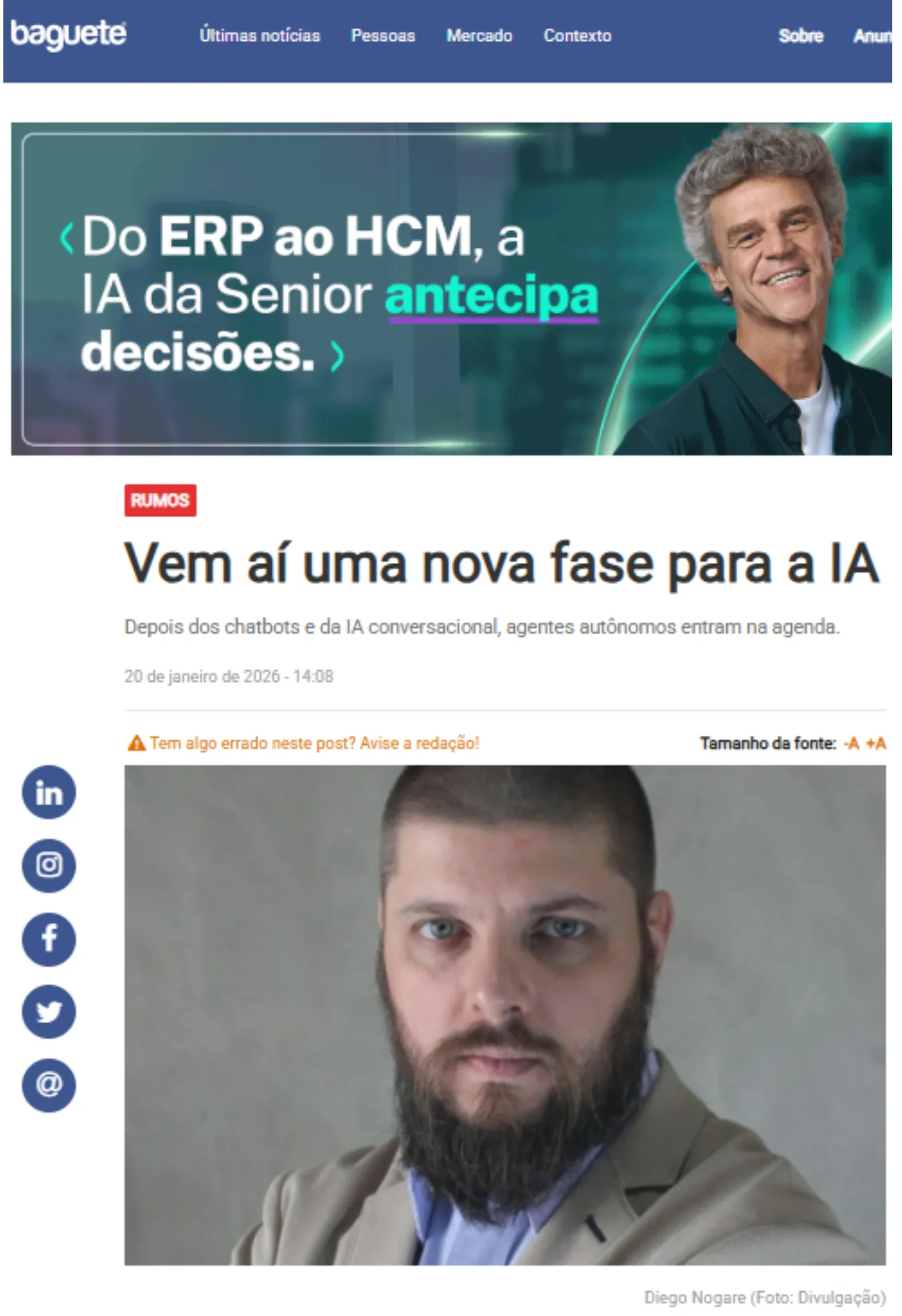 Diego Nogare no portal Baguete falando sobre a nova fase da inteligência artificial