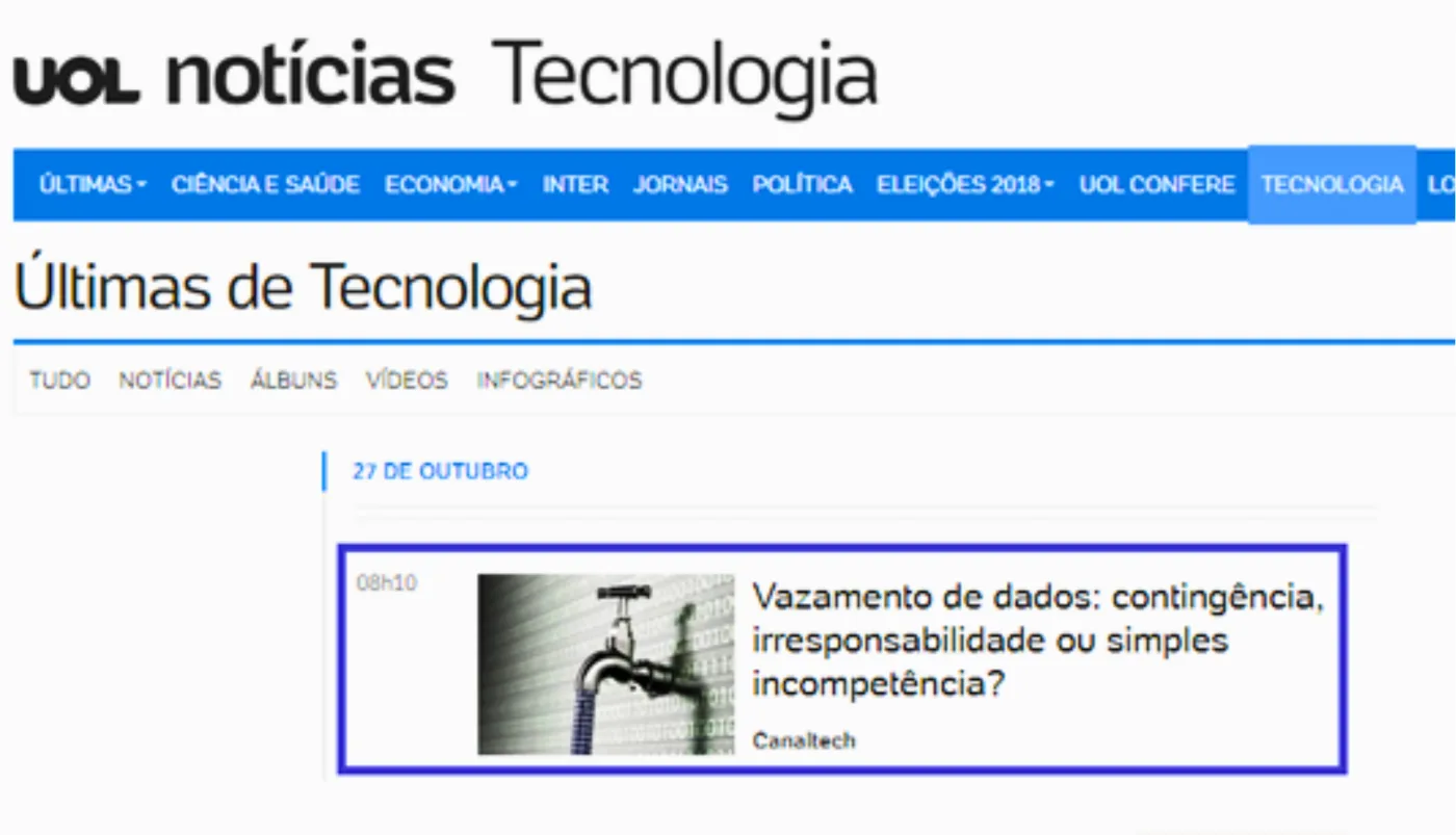 Artigo de Elemar Jr. no UOL Tecnologia sobre vazamento de dados