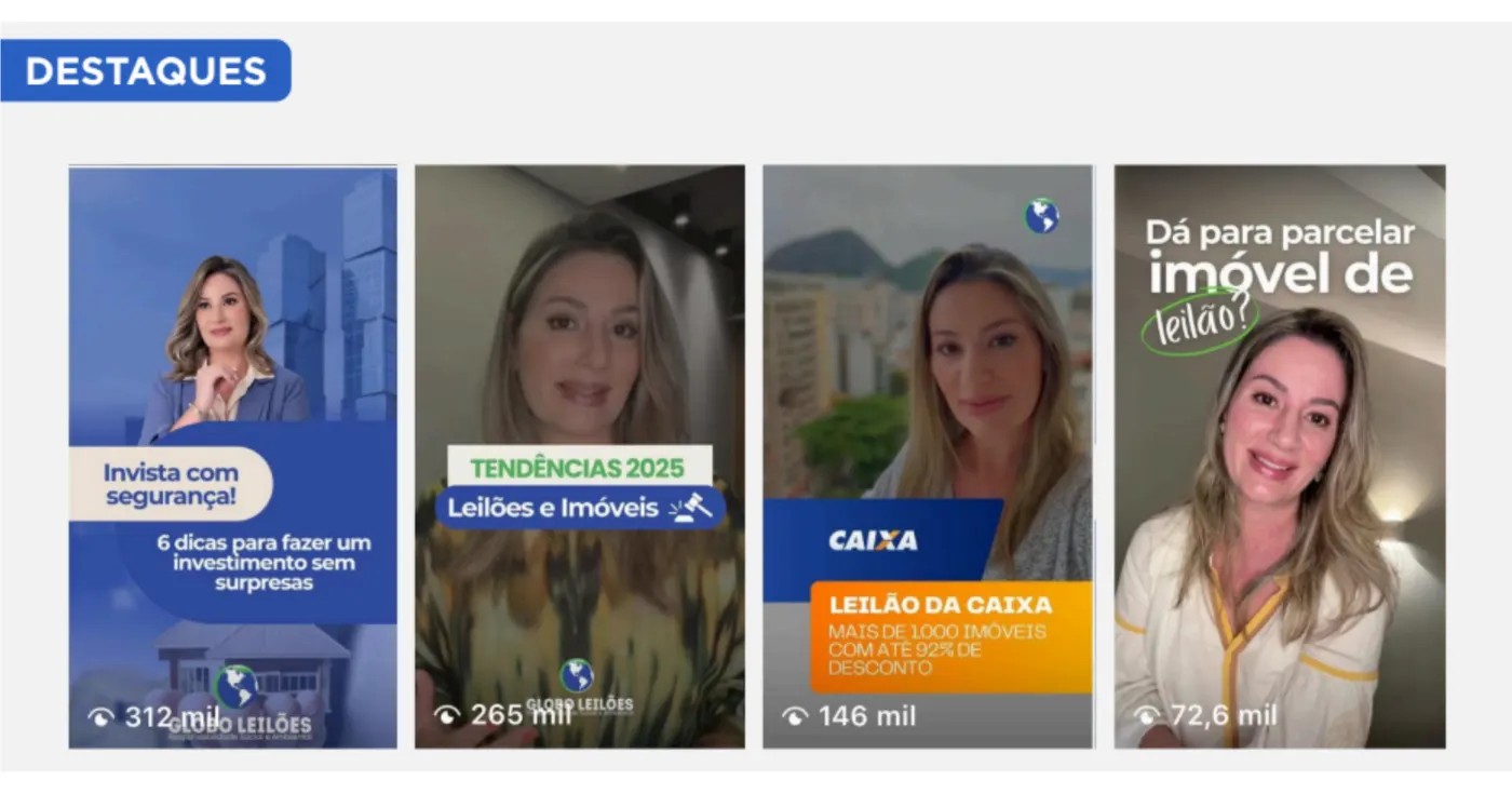 Conteúdo semanal em Reels e Stories para aquecer a base antes de cada leilão