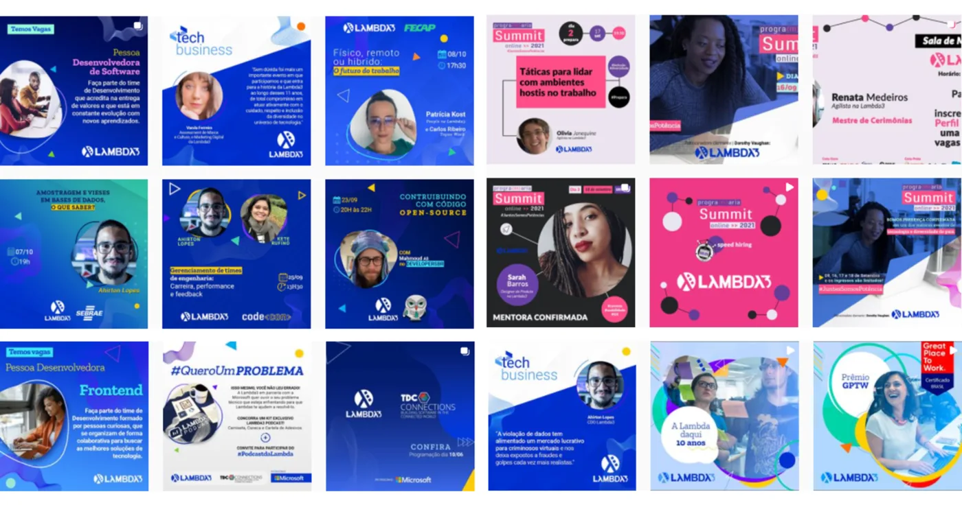 Mosaico de campanhas de redes sociais da Lambda3, com eventos e conteúdo de employer branding